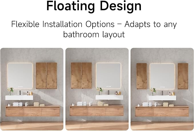 60 Inch Floating Bathroom Vanity with Single Sink, Modern Wall-Mounted Bathroom Cabinet with Resin Sink & Soft Close Drawers & Side Cabinet, Split-level Layout (Nature Oak, 60"+2 side cabinets)
