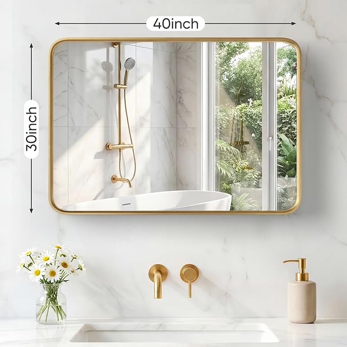 Sweetcrispy Bathroom Mirror 40x30 Inch, Vanity Mirror for Wall | Metal Framed Rounded Rectangle, Over Sink, Farmhouse, Restroom, Anti-Rust, Horizontal or Vertical Hanging, Gold