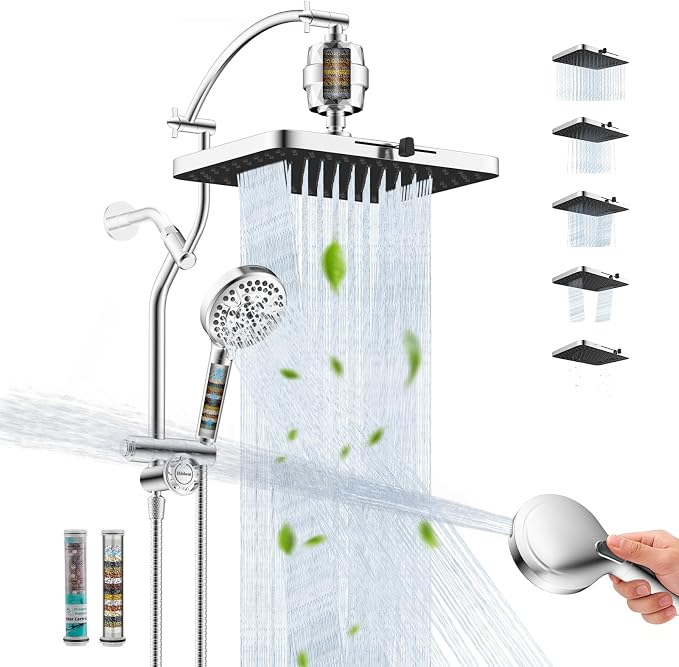 Hibbent 13" Filtered Shower Head & Filtered 10-Mode Handheld Combo, Chrome | High Pressure 5-Spray Showerhead, 4-way Diverter, Heightened All Metal Extension Arm, 3 Filter Cartridges, Easy Reach