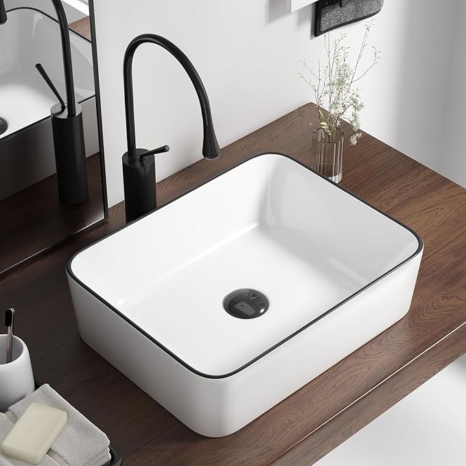 19 Inch Rectangular Bathroom Sink Above Counter, QISHKA White Ceramic Vanity Vessel Sink With Black Edges - 19" x 15" Countertop Rectangle Hand Wash Sink Porcelain Art Basin
