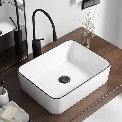 19 Inch Rectangular Bathroom Sink Above Counter, QISHKA White Ceramic Vanity Vessel Sink With Black Edges - 19" x 15" Countertop Rectangle Hand Wash Sink Porcelain Art Basin