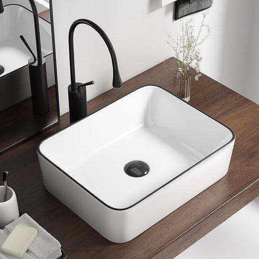 19 Inch Rectangular Bathroom Sink Above Counter, QISHKA White Ceramic Vanity Vessel Sink With Black Edges - 19" x 15" Countertop Rectangle Hand Wash Sink Porcelain Art Basin