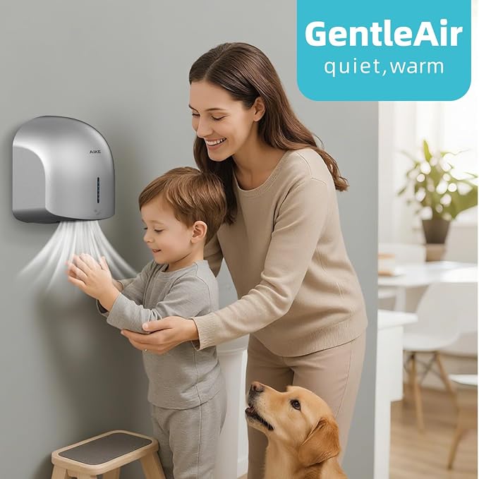 AIKE GentleAir Warm Hand Dryer,Low Noise for Home Bathroom,Stardust Silver | GentleAir Warm Dry,Plug-in Easy Install and Low Noise Experience for Home Bathroom,Smart and Sophisticated ABS Look,AK2637