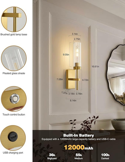 Gold Wireless Modern Battery Operated Wall Sconce Set of 2, Rechargeable Cordless Wall Lights with Remote, Dimmable Wall Lamp Decor for Bedroom Living Room Bathroom Hallway Entryway Stair