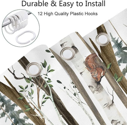 JAWO Rustic Forest Shower Curtains, Lodge Cabin Woodsy RV Shower Curtain, Wildlife Animals Woodland Campers Camping Bathroom Set with Hooks, 54x72 Inch, White