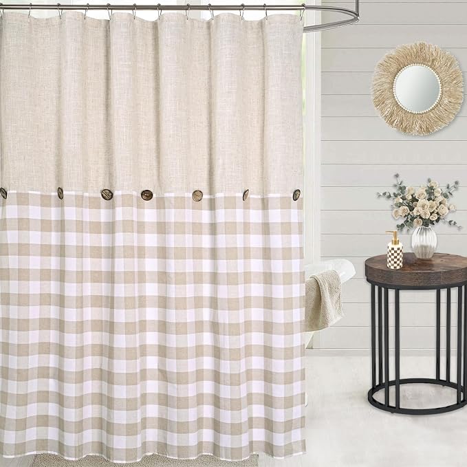 DOSLY Ides Linen Button Farmhouse Shower Curtain, Linen and Cotton Fabric, Pleated Brown and Beige Plaid Checked Pattern, Country Style, 72x72 in