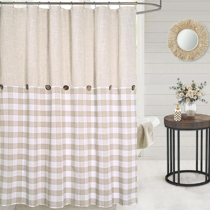 DOSLY Ides Linen Button Farmhouse Shower Curtain, Linen and Cotton Fabric, Pleated Brown and Beige Plaid Checked Pattern, Country Style, 72x72 in