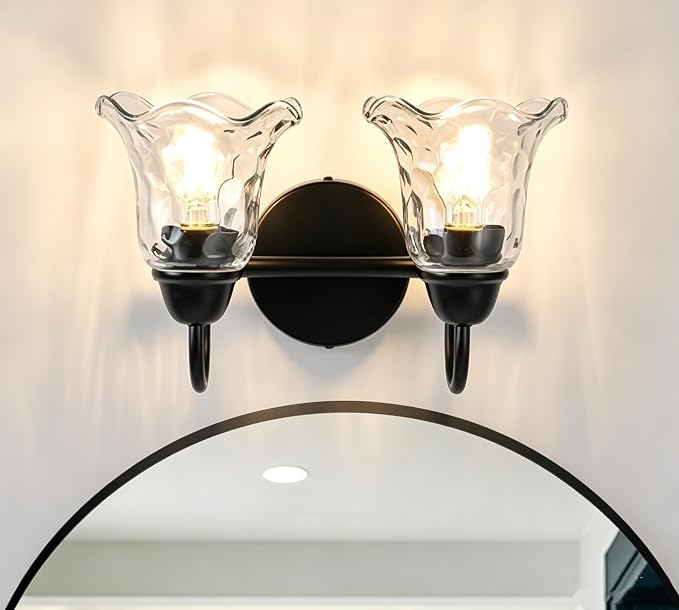 Bathroom Light Fixtures over Mirror, 2 Lights Vintage Wall Sconces with Hammered Glass Shade, 12.6" Matte Black Farmhouse Bathroom Wall Light Fixtures for Bedroom, Porch, Hotel, Mirror Cabinet