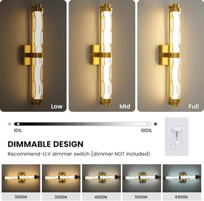 23.6" Gold Wall Sconce, Modern Vanity Light with Ripple Glass Shade, 5CCT Dimmable LED Bathroom Wall Lighting 20W for Mirror, Bedroom, Living Room, Hallway