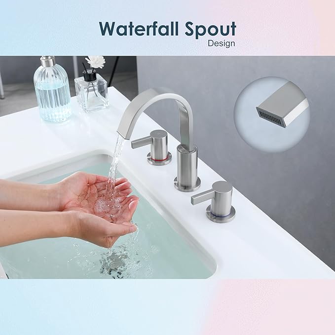 Brushed Nickel Bathroom Faucets 3 Hole, 8 Inch Widespread Waterfall Bathroom Sink Faucet, 2 Handles Vanity Faucet with Pop-up Drain and Supply Hose SE-0018-BN