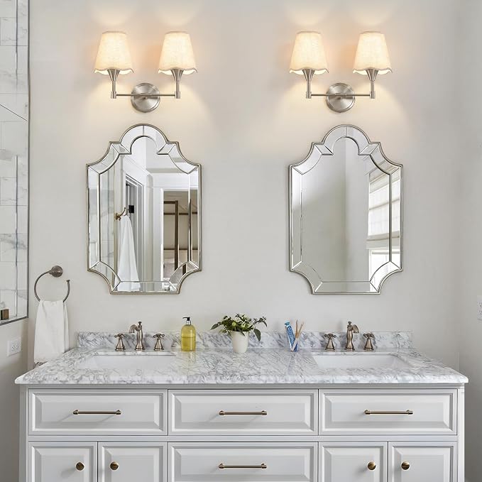 Brushed Nickel Bathroom Light Fixtures: Modern Bathroom Vanity Lights over Mirror with Flared Fabric Shade, Vanity Lighting Fixtures, 2 Light Wall Sconces Lighting for Bedroom Hallway Living Room