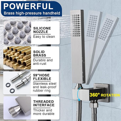 Dual Shower Heads Shower System with 16" Ceiling Mounted Rain Shower Head & 6" Wall Mounted Head Full Body Shower System 3 Way Thermostatic Shower Valve Can All Run Together, Brushed Nickel