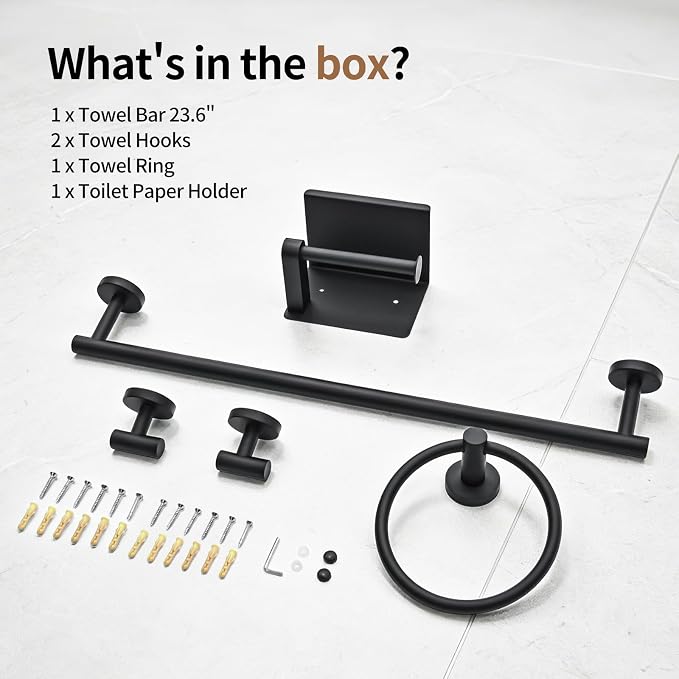 Wall Mounted Matte Black Bathroom Hardware Accessories Set, 5 Piece Complete Kit Including 23.6 Inch Towel Bar, Toilet Paper Holder, Towel Ring and Robe Hooks
