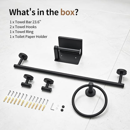 Wall Mounted Matte Black Bathroom Hardware Accessories Set, 5 Piece Complete Kit Including 23.6 Inch Towel Bar, Toilet Paper Holder, Towel Ring and Robe Hooks
