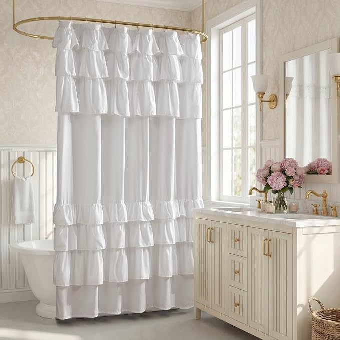 Madison Park Grace Ruffle Shower Curtain for Bathroom, 72"x 72", White | Farmhouse Cottage Top, Machine Washable, Shabby Chic Ruffled Decor Fabric, Privacy Screen, Solid Color