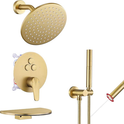 VANFOXLE Shower Faucet Set Brushed Gold Shower System, Push Button Diverter | 8 Inch Wall Mount Head, 2-in-1 Handheld Sprayer, 9 Inch Bathtub Waterfall Spout, Solid Brass Valve, Rust Resistant