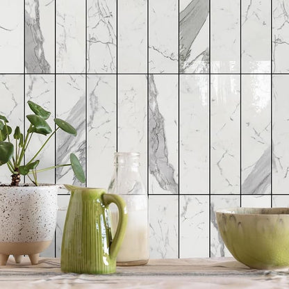 Vamos Tile Peel and Stick Backsplash, Glossy 40-Piece 3''x12'' Subway Tile | Statury White with Dark Gray Grout Wall Tile,PVC Faux Stone Stick on Subway Tiles for Kitchen,Bathroom,Laundry,Camper