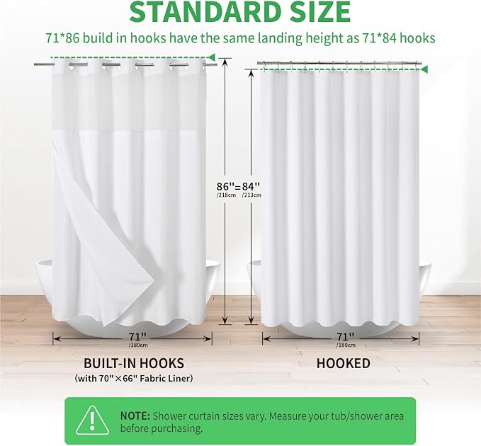 eachope No Hook Linen Texture Shower Curtain with Snap-in Liner,71x86 White | Extra Long,230GSM Thick Fabric,Hotel Luxury Decor,Mesh Top Window,Bottom Magnetic,Waterproof & Machine Washable,for Bathroom