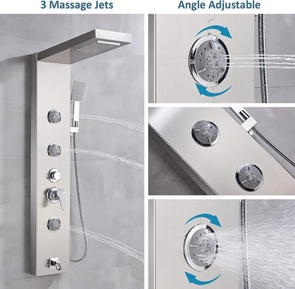AlenArt Shower Panel Massage Jets Rainfall Waterfall Shower Head, Shower Stainless Steel Wall Mount Massage Multi-Function Bathroom Shower Panel Tower System, Brushed Nickel……