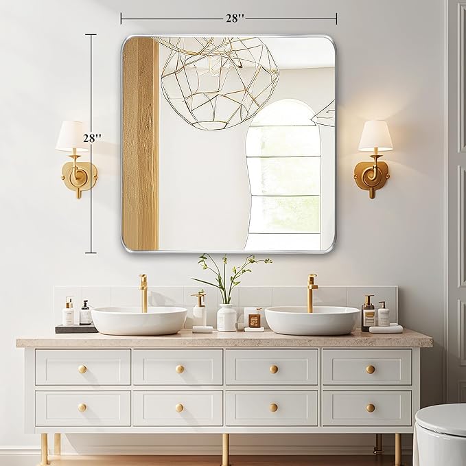 Fabuday Silver Sink Mirror for Bathroom - 28x28 Inch Square Framed Mirrors for Over Sink, Chrome Mirrors with Brushed Frame for Bedroom, Restroom, Farmhouse, Entryway Decor