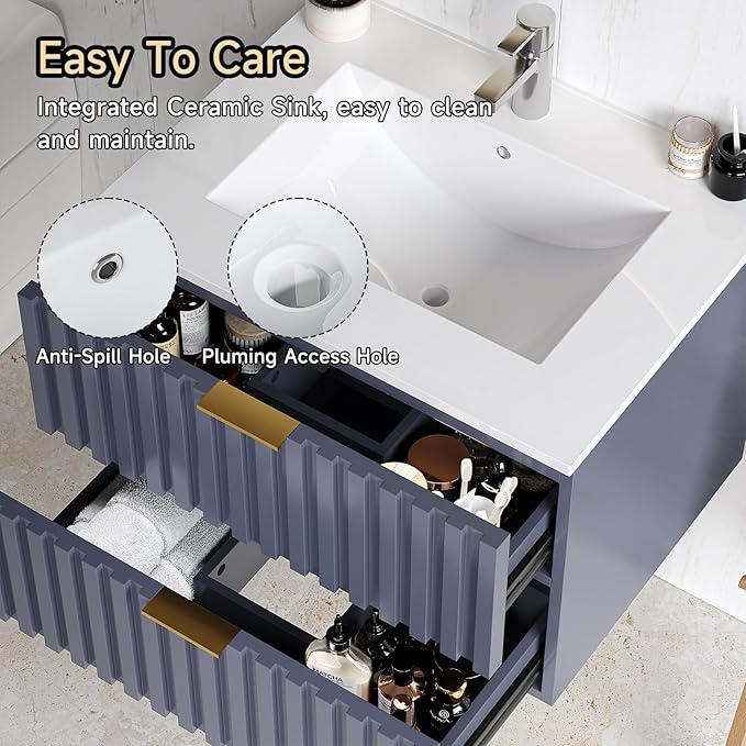 ONBRILL 24 Inch Bathroom Vanity with Sink Combo, Floating Bathroom Vanity with 2 Fluted Drawers & Metal Handle, Modern Wall Mount Storage Cabinet with Ceramic Integrated Sink for Small Space (Blue)