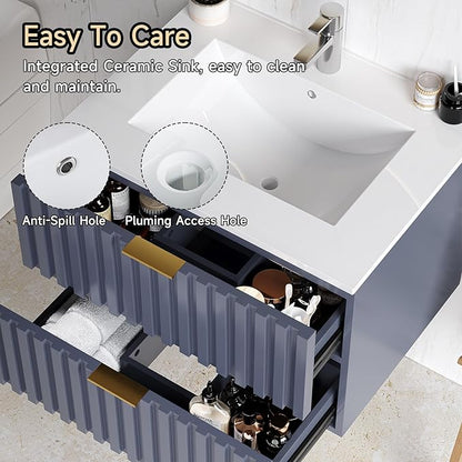 ONBRILL 24 Inch Bathroom Vanity with Sink Combo, Floating Bathroom Vanity with 2 Fluted Drawers & Metal Handle, Modern Wall Mount Storage Cabinet with Ceramic Integrated Sink for Small Space (Blue)