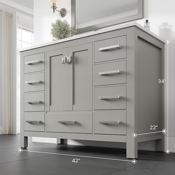 Eviva Aberdeen 42 in. Gray Single Sink Bath Vanity with Carrara Quartz Top and Undermount Porcelain Sink