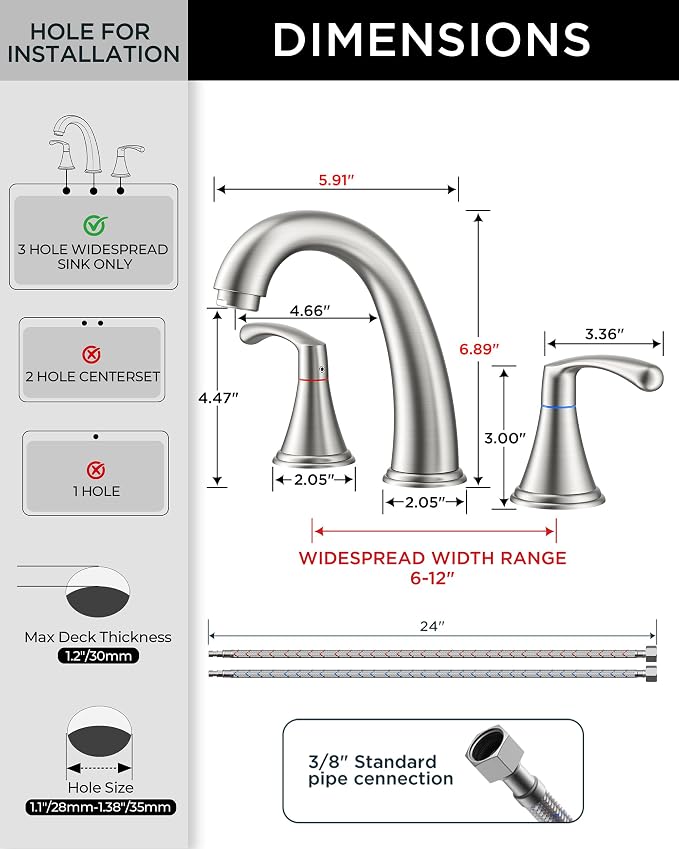 FORIOUS Bathroom Sink Faucet 3 Hole Widespread 8 Inch Brushed Nickel | 3-hole 6-12 Inch Widespread Sink Faucets with Drain and Water Supply Lines, for Vanity Rv Commercial Lavatory Restroom Basin