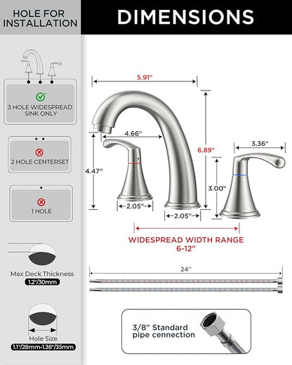 FORIOUS Bathroom Sink Faucet 3 Hole Widespread 8 Inch Brushed Nickel | 3-hole 6-12 Inch Widespread Sink Faucets with Drain and Water Supply Lines, for Vanity Rv Commercial Lavatory Restroom Basin