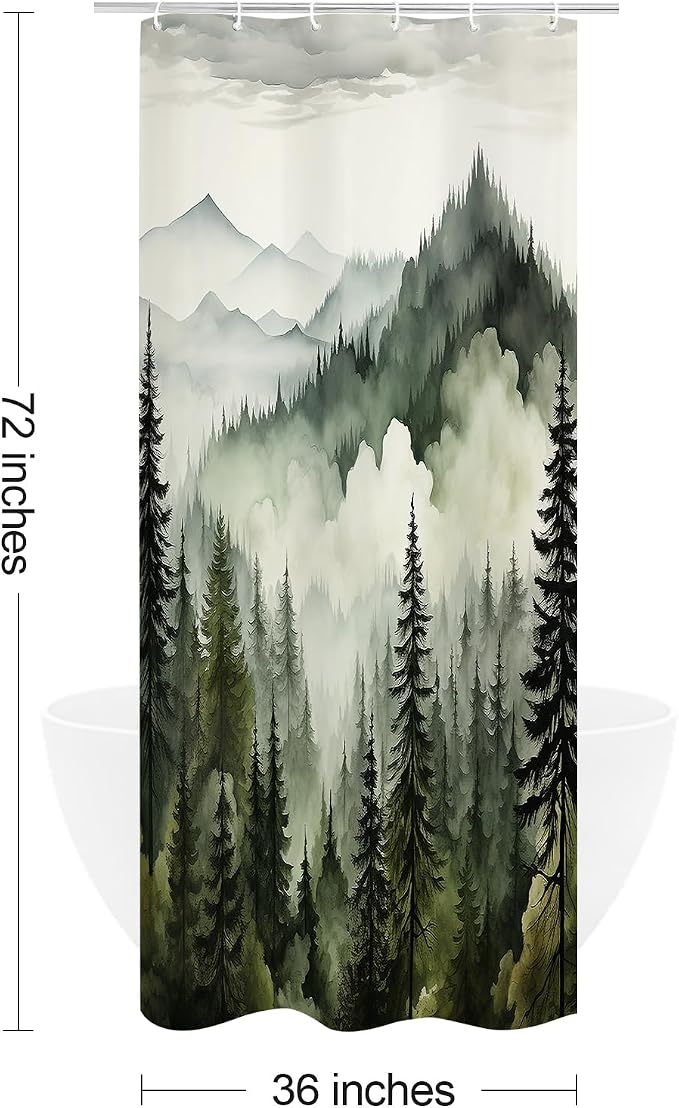 Litabel Dark Green Small Stall Misty Pine Forest Shower Curtain 36 x 72, Mountain Foggy Woodland Scenery Tree Narrow Half Size Shower Curtains for Bathroom, Abstract Waterproof Nature-Themed Decor