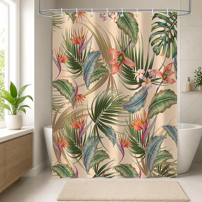 Tropical Shower Curtain, Colourful Leaves Floral Palm Leaf Hawaiian Botanical Plant Bathroom Decor, Waterproof Cloth Fabric Bath Curtain with Hooks 48 x 72 inch
