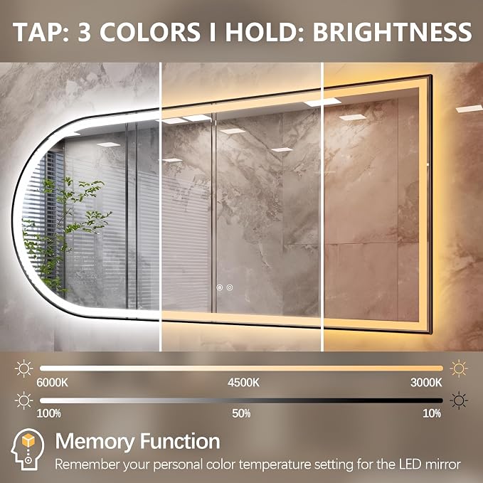 Arched LED Bathroom Mirror, 48"x24" Arch Backlit Vanity Mirror with Lights, Frontlit, Dimmable, 3 Colors, Memory Function, Anti-Fog Smart Mirror, Black Frame, Shatterproof, Horizontal-Right