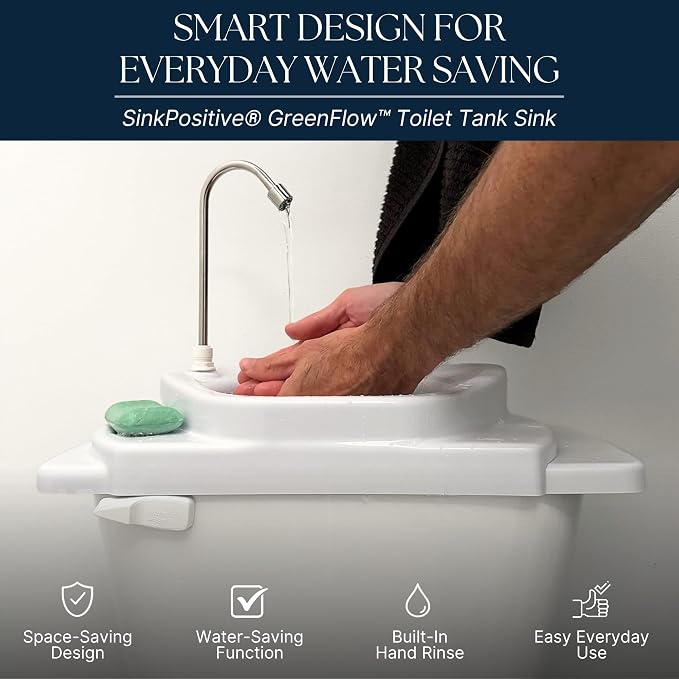 Sinkology SinkPositive GreenFlow Toilet Tank Sink, Water Saving Retrofit | Turns toilet tank lid into a handwashing sink, no plumbing needed, reuses rinse water, small bath saver