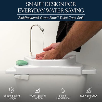 Sinkology SinkPositive GreenFlow Toilet Tank Sink, Water Saving Retrofit | Turns toilet tank lid into a handwashing sink, no plumbing needed, reuses rinse water, small bath saver