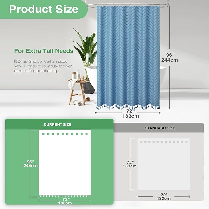 Dynamene Extra Long Shower Curtains, 96 Inch Long Boho Tufted Chevron Striped Fabric Shower Curtains for Bathroom, Tall Minimalist Waterproof Cloth Shower Curtain Set with Hook, Moonlight Blue, 72x96