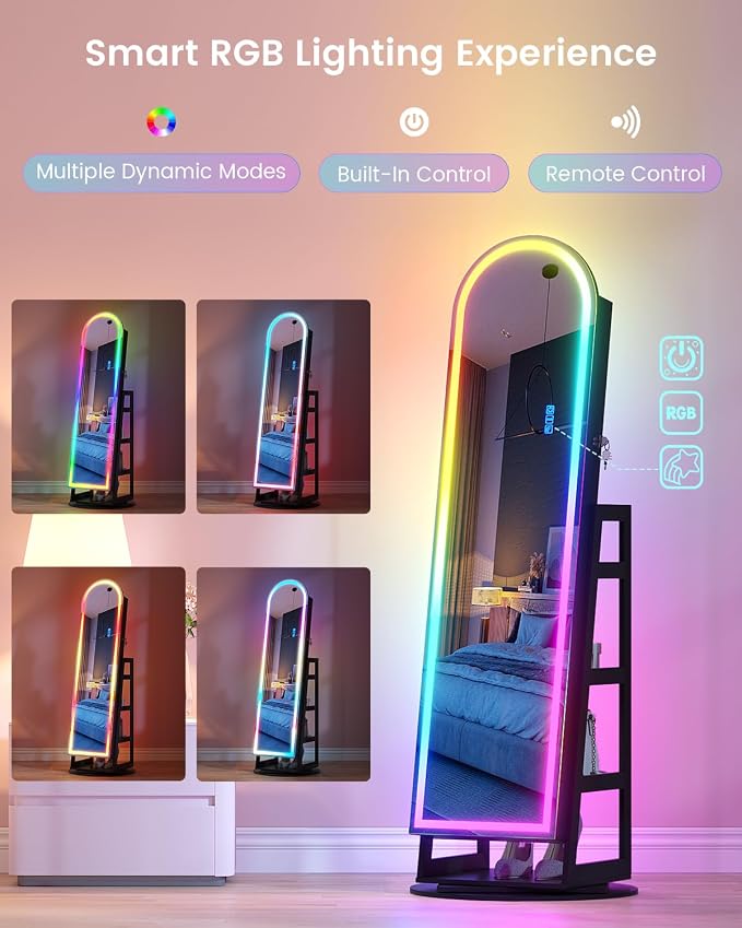 HWB Mirror Jewelry Cabinet Standing with RGB Lights & Storage Shelves | Mirror w/Storage, LED Full-length Mirror, Lockable Jewelry Armoire, 360° Swivel, Standing Jewelry Cabinet, Girls Women Gifts