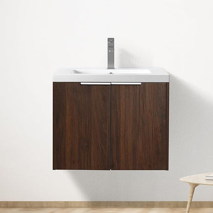 SSLine Wall Mounted Bathroom Vanity with Sink Combo Modern 24-Inch Single Bathroom Vanity Set with Top Basin &Storage Cabinet Wood Hanging Bath Cabinet w/Resin Sink for Small Space(Dark Walnut)