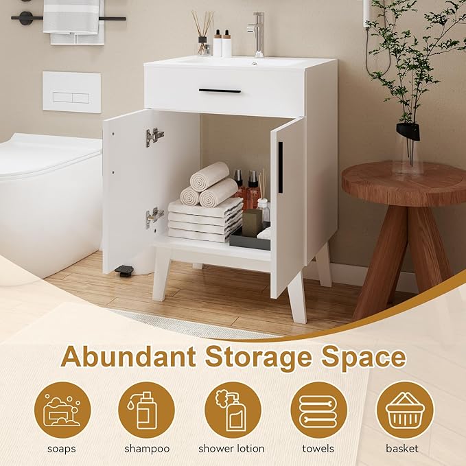 24" Bathroom Vanity with Sink, Vanity Combo with Two Soft Close Cabinet Doors, Modern Single Bathroom Cabinet Set with Metal Handles (White with Sink, 24)