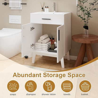 Bathroom Vanity Without Sink, Vanity Combo with Two Soft Close Cabinet Doors, Modern Single Bathroom Cabinet Set with Metal Handles (White Without Sink, 24)