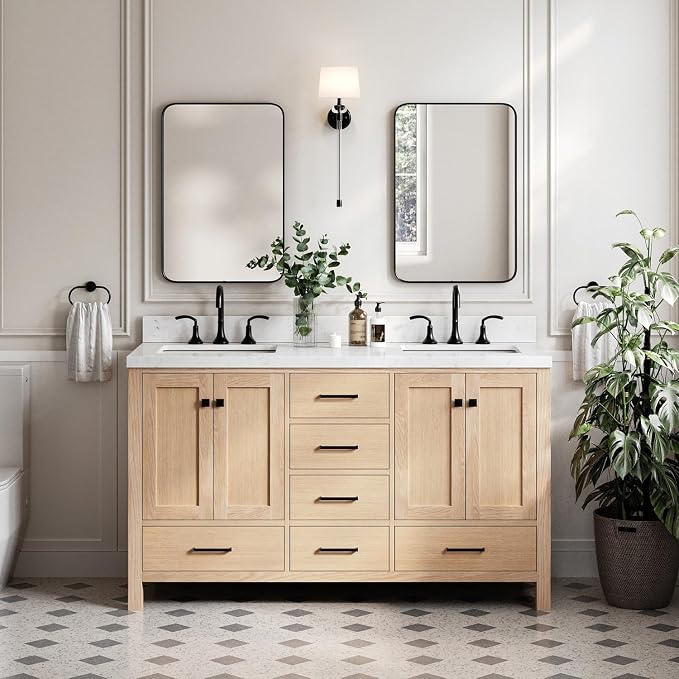 ARIEL Cambridge 60-inch Bathroom Vanity Base Cabinet,Solid Wood, 4 Soft Closing Doors, 6 Dovetail Drawers, White Oak