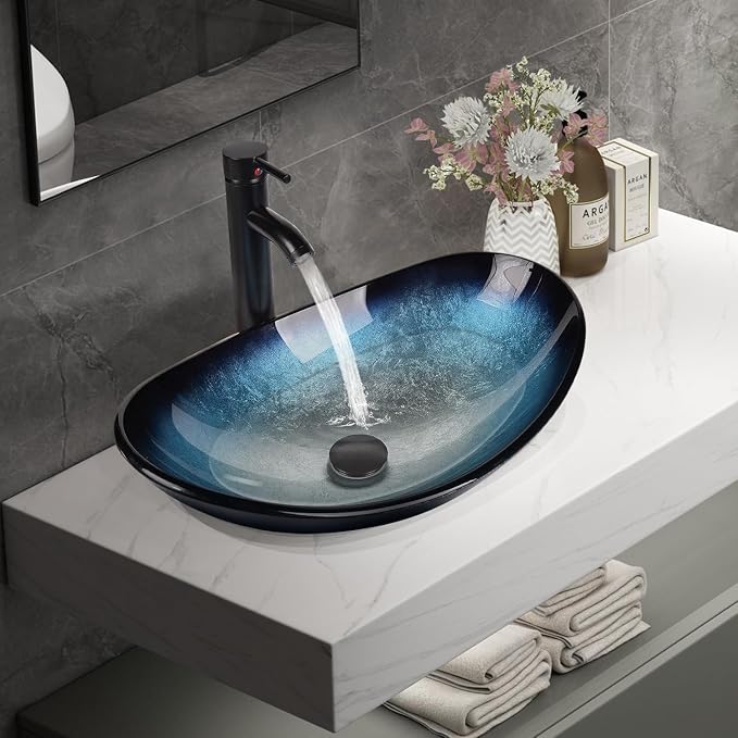 YOURLITE 24" Bathroom Vanity with Sink, White Bathroom Vanity and Sink Combo with Faucet & Pop Up Drain Set,Traditional Vanity with Blue Glass Bowl Bathroom Sink