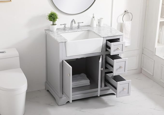 36" Pre-Assembled Bathroom Vanity with Sink, Solid Birch and MDF, Carrara White Marble Countertop Attached, Single Rectangle Porcelain Sink, 3 Soft-Close Drawers, Grey