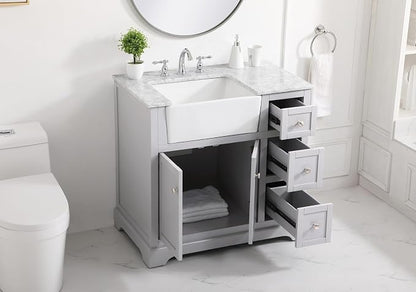 36" Pre-Assembled Bathroom Vanity with Sink, Solid Birch and MDF, Carrara White Marble Countertop Attached, Single Rectangle Porcelain Sink, 3 Soft-Close Drawers, Grey