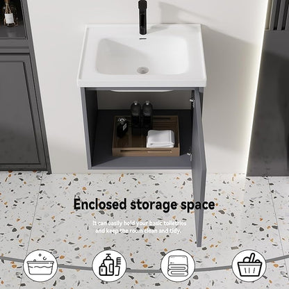 20'' Bathroom Vanity with Ceramic Sink Combo, Wall Mounted Small Bathroom Vanity with Soft-Close Door Modern Floating Cabinet, Pop-up Drain, P-Trap Included, Gray(No Faucet)