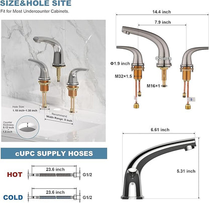 Solid Brass Widespread Bathroom Faucet,8-inch Faucets with Pop Up Drain Assembly and 2 Water Supply Lines Faucets Polished Chrome