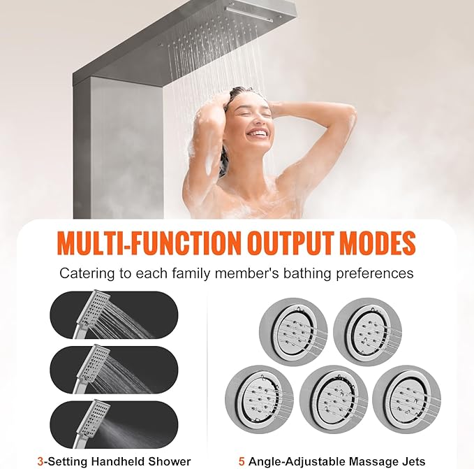VEVOR Shower Tower, 4 Shower Modes Shower Tower System, Rainfall, Waterfall, 5 Full Body Massage Jets and 3-Setting Handheld Shower Head with 59" Hose, Stainless Steel Wall-Mounted Shower Set