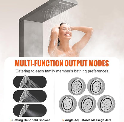 VEVOR Shower Tower, 4 Shower Modes Shower Tower System, Rainfall, Waterfall, 5 Full Body Massage Jets and 3-Setting Handheld Shower Head with 59" Hose, Stainless Steel Wall-Mounted Shower Set