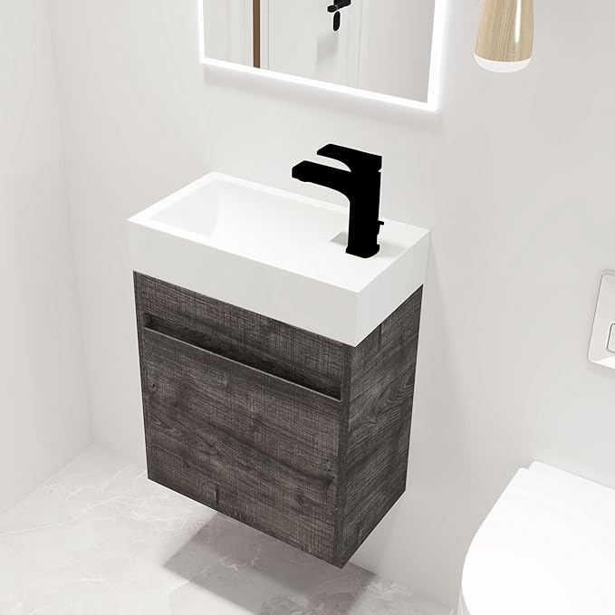 Malwee 18" Floating Bathroom Vanity with Sink, 18 Inch Wall Mounted Bathroom Cabinet Single Sink Combo, with 1 Soft Close Door and White Resin Basin Top for Small Space, Space-Saving Design (005-18)