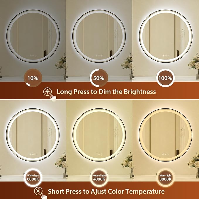 30 Inch Round Black Framed LED Bathroom Mirror with Lights,Smart Bathroom Mirror,Motion Sensor,Tempered Glass,Anti-Fog,Stepless Dimmable & 3 Colors,Memory,Vanity Mirror for Wall