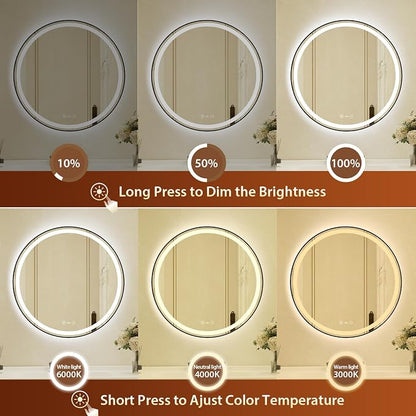30 Inch Round Black Framed LED Bathroom Mirror with Lights,Smart Bathroom Mirror,Motion Sensor,Tempered Glass,Anti-Fog,Stepless Dimmable & 3 Colors,Memory,Vanity Mirror for Wall